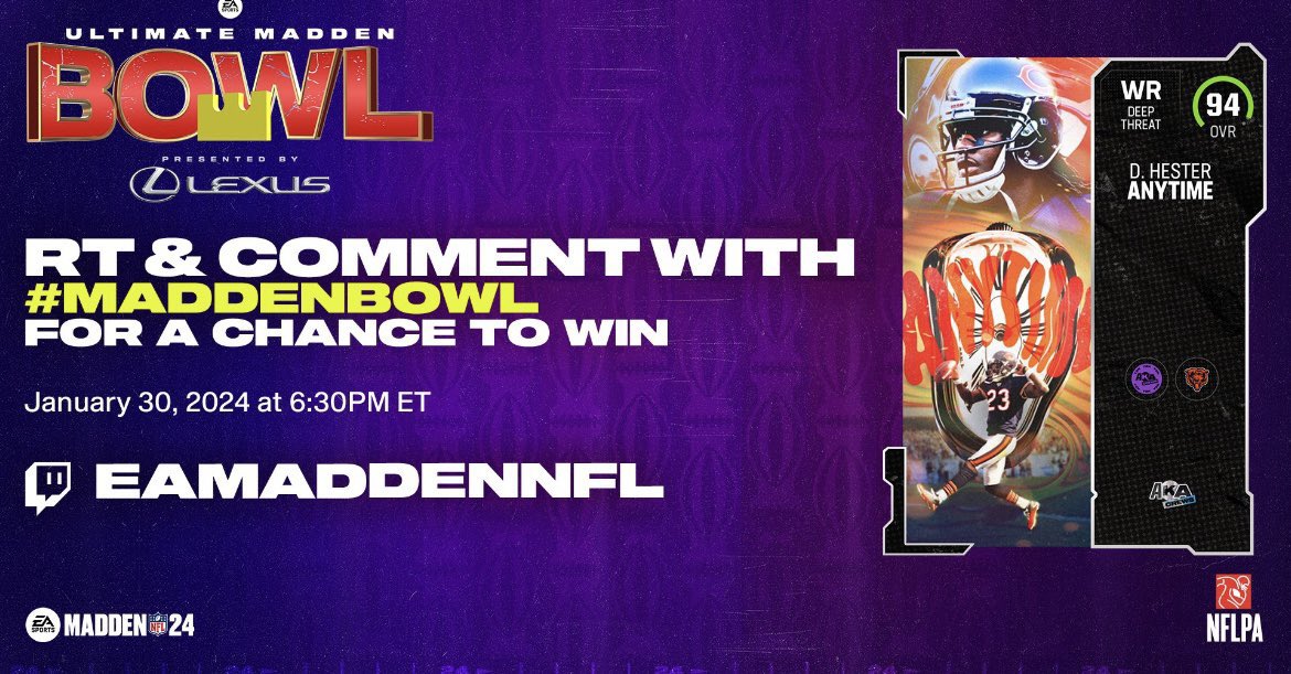 #MaddenBowl starts tonight @ 6:30 ET  

RT and comment #MaddenBowl to have a chance at winning Devin “anytime” Hester! 

Make sure to tune in live @ 
Twitch.tv/EaMaddenNfl