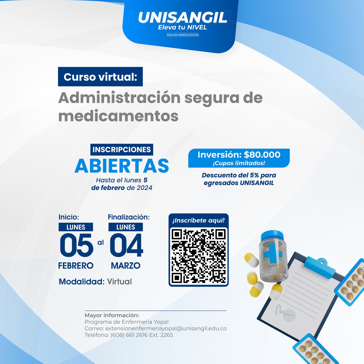 UNISANGIL's tweet photo. 💊🥼 Capacítate sobre suministro de fármacos 👀💊

👩‍💻 Participa de este curso virtual sobre la adecuada administración de medicamentos 💊💉. Un espacio en el que conocerás la manera segura de usarlos.

🤳 ¡Inscríbete ya y aprovecha los descuentos!

#UNISANGILElevaTuNivel 🚀 https://t.co/dWlzMdtN0C