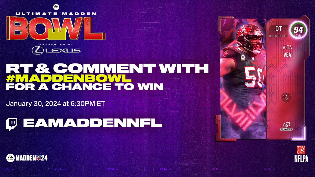GameSpot_Sports's tweet image. $1M #MaddenBowl starts tonight!

RT, Follow, and Comment #MaddenBowl for your chance to win this Playoffs Vita Vea!

Make sure you tune in to the broadcast starting at 630p EST at twitch.tv/eamaddennfl
