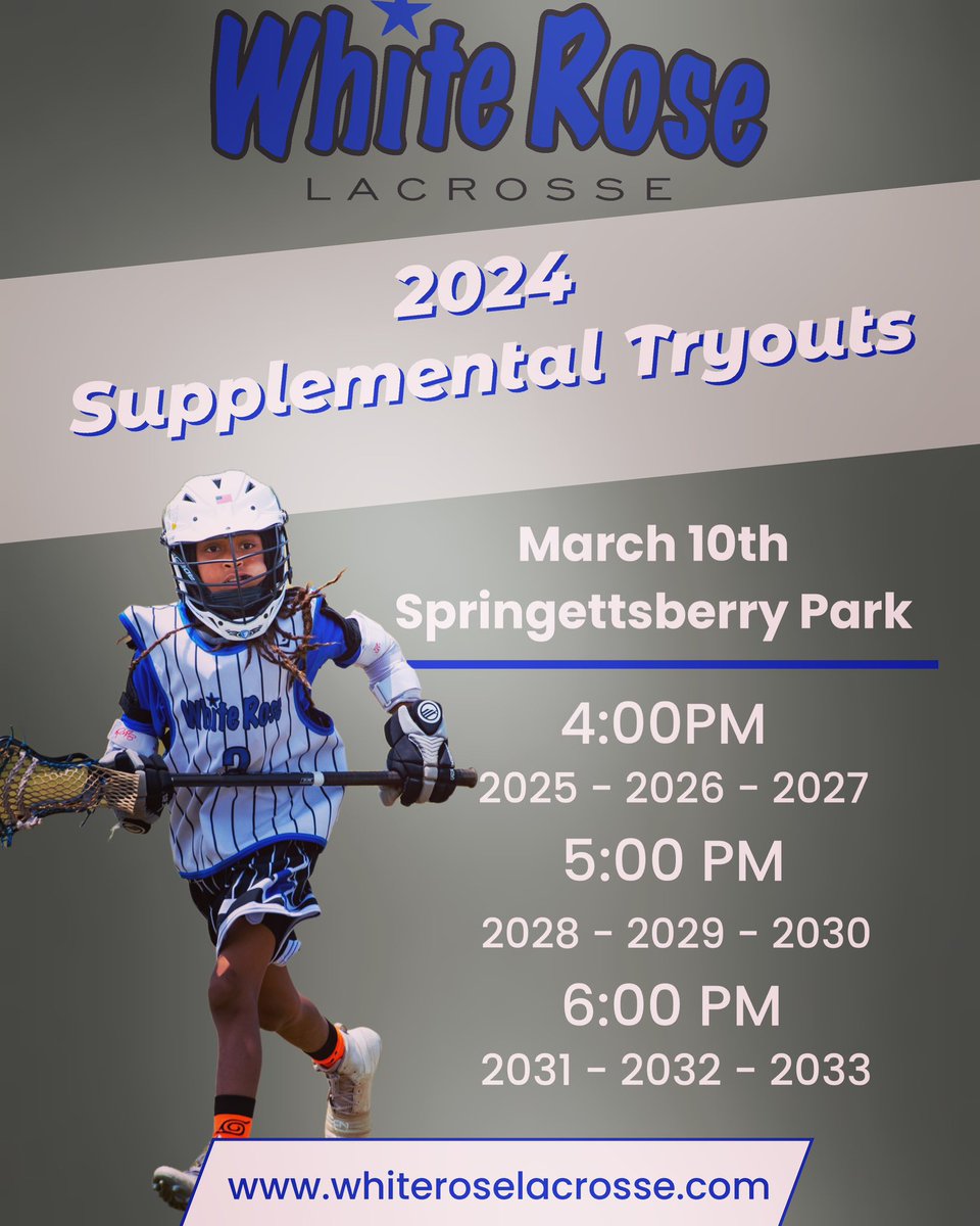 Are you interested in join our club for the 2024 Summer Season? Get registered for our first supplemental tryout on Sunday March 10th

whiteroselacrosse.com