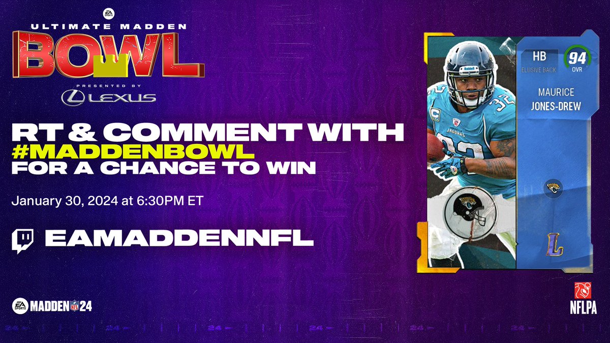 SpruceGooseTV's tweet image. 🚨#MaddenBowl Giveaway!🚨

RT, Follow, and Comment with #MaddenBowl for your chance to win this Maurice Jones-Drew!

Make sure to tune in to twitch.tv/eamaddennfl to follow all the action!