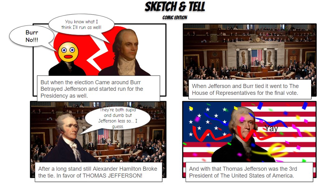 Saw this Comic Book Sketch/Tell and wanted to give it a shot! Thank you @moler3031 for putting it in your blog & @JustinUnruh16 for making it! Students read about the election of 1800 & had to create a comic strip. The dramatic election was a perfect backdrop for this activity!