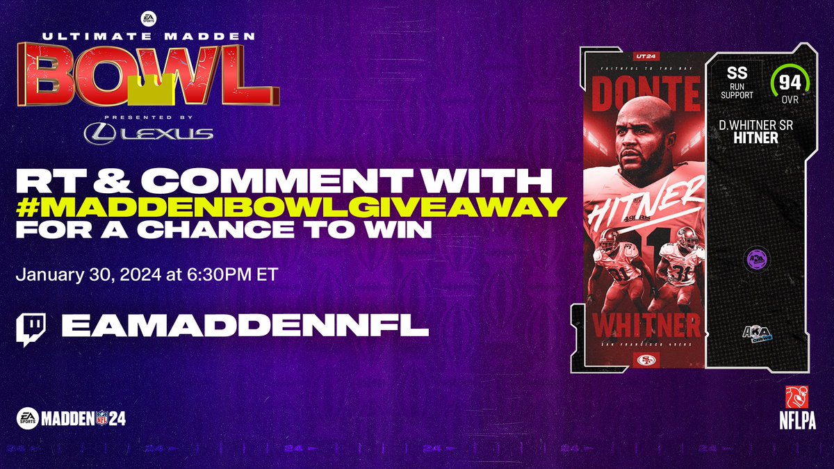 RT & Comment #MaddenBowlGiveaway for a chance to win a Donte Hitner for your @EASPORTS_MUT squad 💥 #MaddenBowl is Live Now: twitch.tv/eamaddennfl #Madden24 Must be 18+ to participate