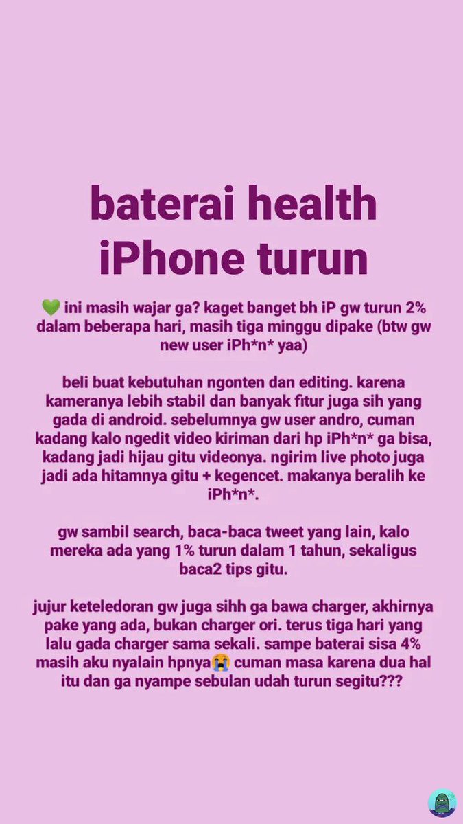 tanyakanrl's tweet photo. tanyarl 💚  no salty. baterai health iphone turun 2% belum sebulan wajar ga? gw udah ngikutin tips2 yang di share, kayak charger ga nyampe 100 dan setting yg lain2 juga. cuman suka ada aja keteledoran beberapa waktu https://t.co/bNtp4mF1Xq