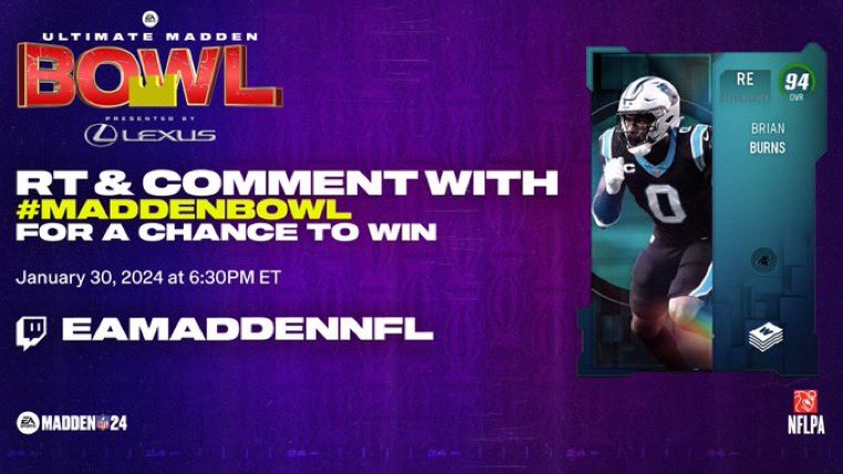OneGreatUser's tweet image. $1M #MaddenBowl starts tonight!

RT, Follow, and Comment #MaddenBowl for your chance to win this @Fire_Burns99 

Make sure you tune in to the broadcast starting at 630p EST at twitch.tv/eamaddennfl