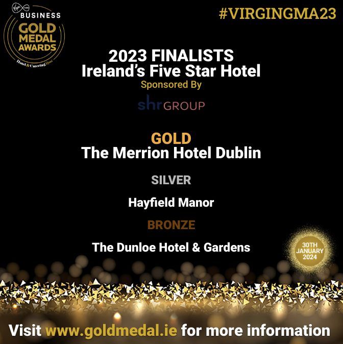 Congratulations to the well-deserved winners of Ireland's Five Star Hotel, sponsored by @shrgroup_hospitality Gold: @merrionhotel Silver: @hayfieldmanor Bronze: @thedunloe #VIRGINGMA23 #5starhotel #hotel #hospitalityindustry #tourism #Ireland #fivestarhotels #hospitality