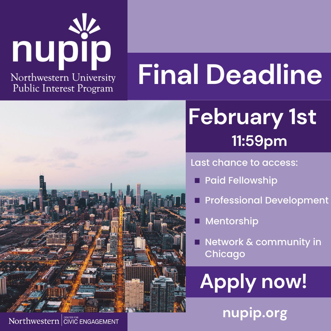 Calling all Seniors and alum!! 📢
Final NUPIP applications are due this Thursday, February 1st at 11:59pm. Don't miss your chance to launch your career in public service after graduation! nupip.org
