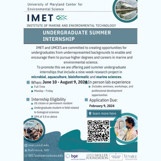 cau_curc's tweet image. The 22nd year of the IMET summer undergraduate internship program is here! Paid internship from June 10 to August 9, 2024. Housing option available. Use the QR code on the attached flyer for details and application. umces.edu/imet/summer-in…