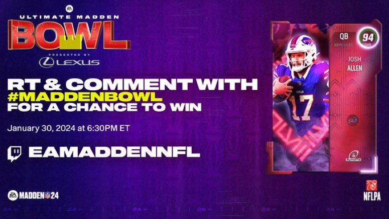 BuffaloKaay's tweet image. 🚨GIVEAWAY TIME🚨

RT &amp;amp; Comment #MaddenBowl  for a chance to win a FREE 94 OVR JOSH ALLEN 🏆 

Tune in now 👀 on Twitch
twitch.tv/eamaddennfl