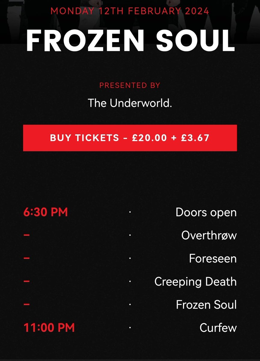 Happy to announce we will be opening for 'Frozen Soul' at Underworld Camden, Monday 12th February!

Tickets: theunderworldcamden.co.uk/event/frozen-s…

#deathmetal #camden
