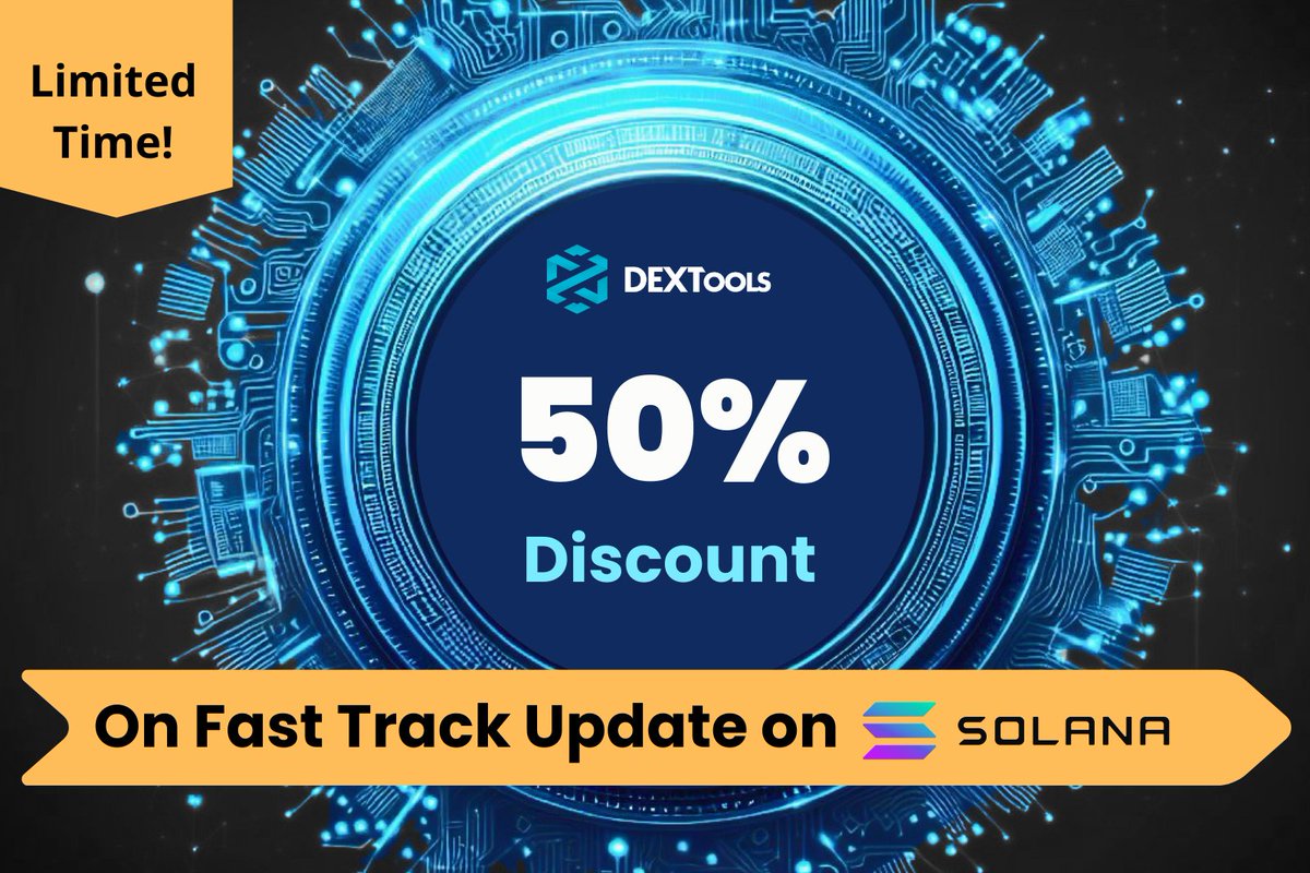 DEXToolsApp's tweet photo. 👥 Take advantage of our 50% discount on socials update for @solana tokens! 
🪙 The discounted fee can be paid using $SOL! https://t.co/q4c8dHsowb