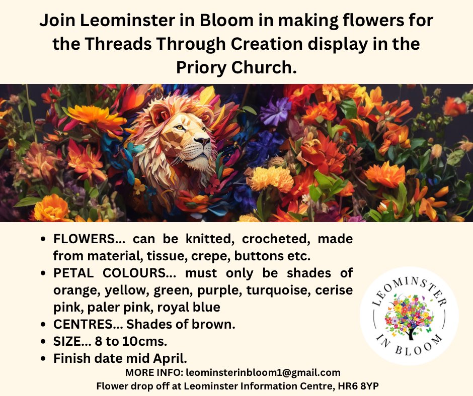 LeominsterBloom's tweet photo. If anyone has any flower patterns &amp; would be happy to share them in order for us  to have a varied display we would be very grateful.  Please email leominsterinbloom1@gmail.com or drop a copy into Leominster Information Centre. 🙏 https://t.co/CPgFMcEcZV