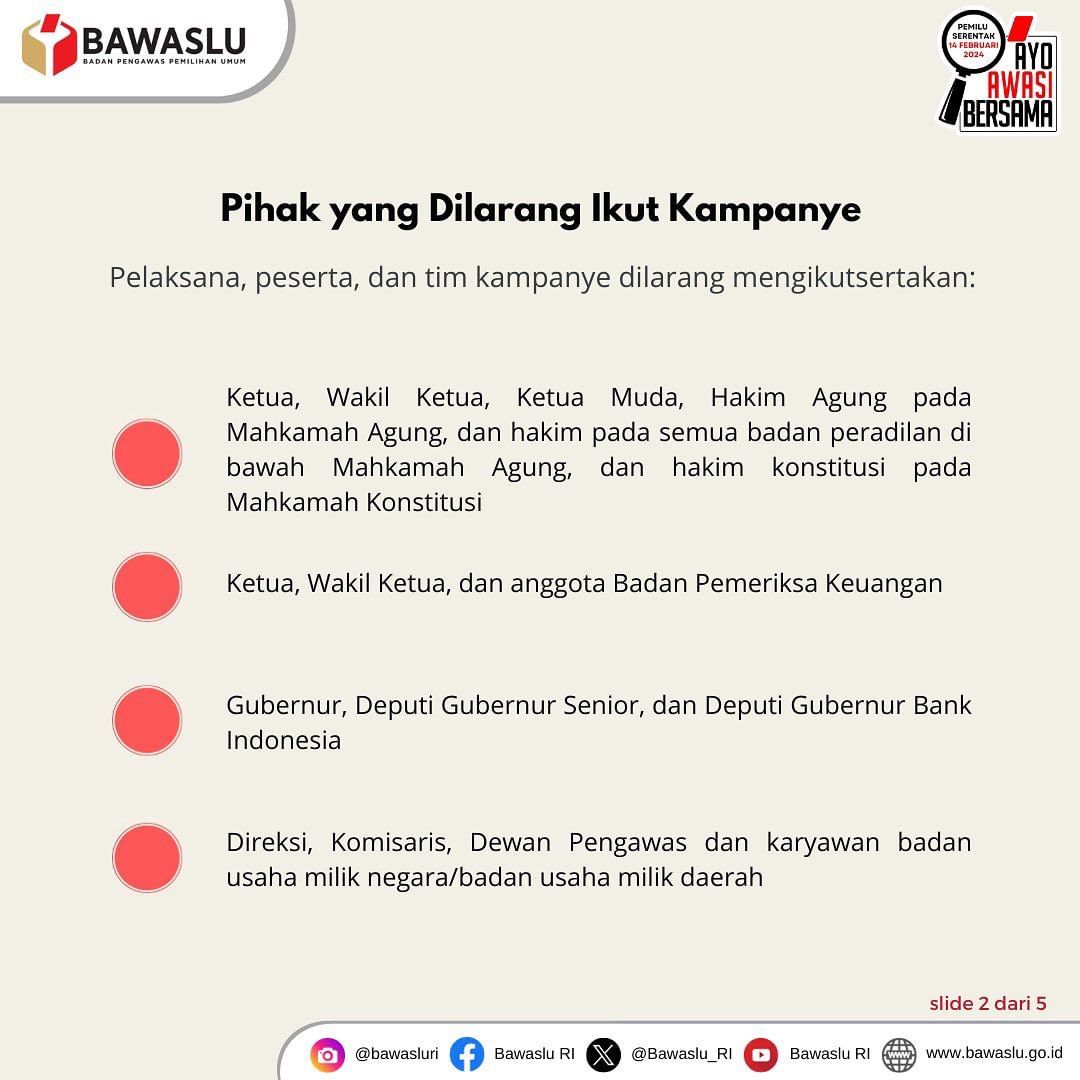 brynnclg's tweet photo. Halo #SahabatBawaslu, sudah pada tahu belum kalau ternyata tidak semua orang boleh ikut kampanye loh. Ada beberapa pihak yang tidak dibolehkan ikut.
Yuk #SahabatBawaslu baca slidenya sampai akhir yaa! 
#AyoAwasiBersama
#PemiluSerentak2024
@BawasluRI
@BawasluKepri
@BawasluBatam https://t.co/dxJRGIrP1R