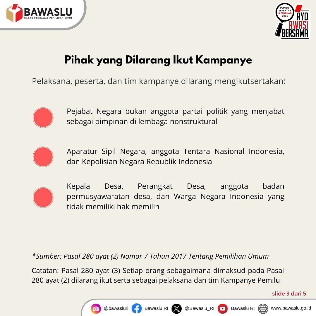 brynnclg's tweet photo. Halo #SahabatBawaslu, sudah pada tahu belum kalau ternyata tidak semua orang boleh ikut kampanye loh. Ada beberapa pihak yang tidak dibolehkan ikut.
Yuk #SahabatBawaslu baca slidenya sampai akhir yaa! 
#AyoAwasiBersama
#PemiluSerentak2024
@BawasluRI
@BawasluKepri
@BawasluBatam https://t.co/dxJRGIrP1R