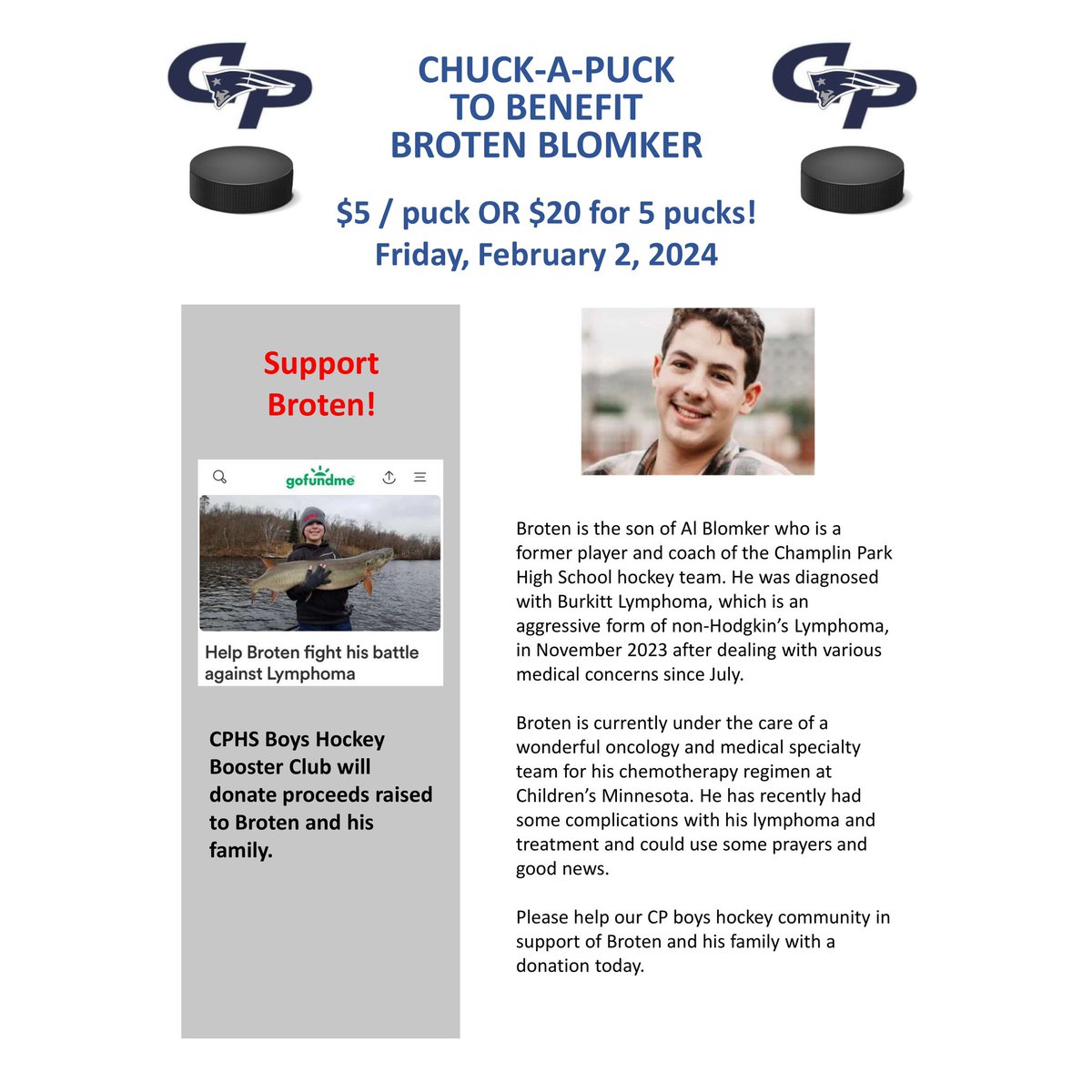 CPHS Boys' Hockey (@cpboyshockey) on Twitter photo Come out to Friday’s game vs. <a href="/DEastFan/">DuluthEastGreyhounds</a> Boys Hockey and Chuck-A-Puck or 5️⃣ to support the family of a <a href="/CPHSRebelPride/">CPHS Athletics</a> alum and former coach. Details in the flyer.
#gorebels #rebelshockey #cphsrebelsboyshockey #alloutallseason Come out to Friday’s game vs. <a href="/DEastFan/">DuluthEastGreyhounds</a> Boys Hockey and Chuck-A-Puck or 5️⃣ to support the family of a <a href="/CPHSRebelPride/">CPHS Athletics</a> alum and former coach. Details in the flyer.
#gorebels #rebelshockey #cphsrebelsboyshockey #alloutallseason