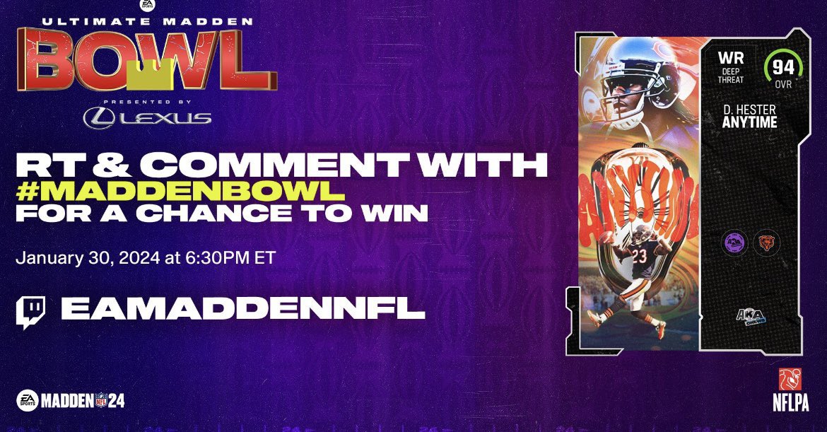 #MaddenBowl starts tonight @ 6:30 ET Follow, RT and Comment #MaddenBowl to have a chance at winning Devin Hester! Make sure to tune in live: Twitch.tv/EaMaddenNfl