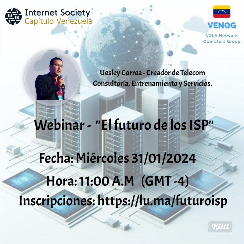 Venog_ve's tweet photo. ¡El próximo miércoles 31 de enero a las 11 a.m. (hora de Venezuela ) comenzamos con nuestros eventos en línea. Está vez tendremos a Uesley Correa con El futuro de los ISP. Regístrate en https://t.co/ZgCTGRsRX7 #InternetVE #futuroISP https://t.co/wsl6fMYlvl