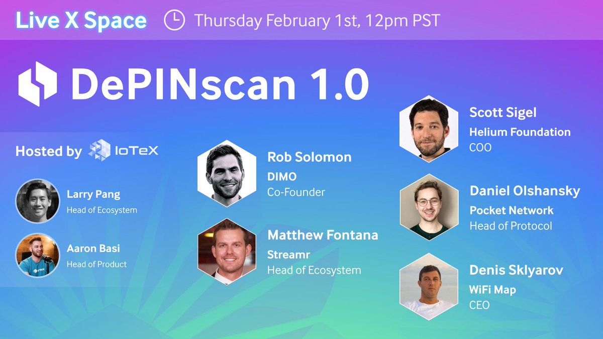 DePINscan 1.0 is here. 🚀 Join our Live X Space with @DIMO_Network, @Helium, @wifimapapp, @streamr, & @POKTnetwork to hear why transparent, trusted data is vital for ALL #DePIN projects and communities. 📅 Thurs. February 1st at 12pm PST Set a reminder: twitter.com/i/spaces/1DXxy…