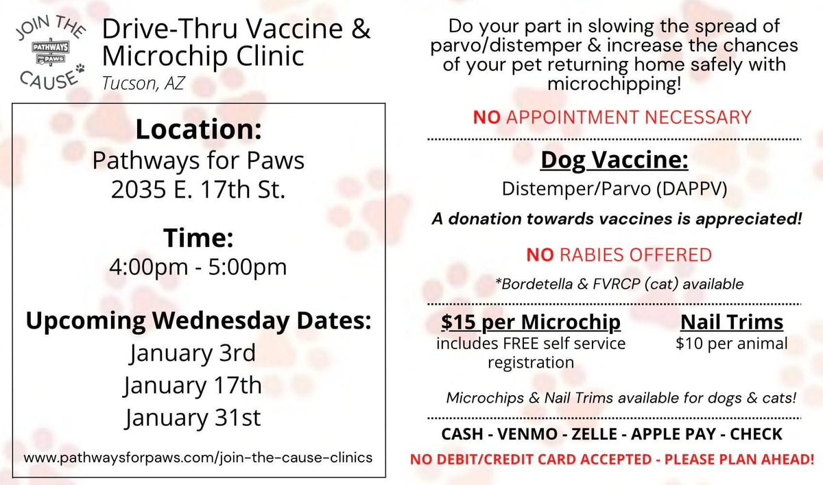 Tomorrow, Wednesday, January 31st from 4-5pm! DAPP for dogs, FVRCP for cats! Microchipping & nail trims for dogs/cats - all done from the convenience of your vehicle! ‼️No card accepted - Cash, Venmo, Zelle & Apple Pay, please plan ahead! Keep your pets protected 🐾