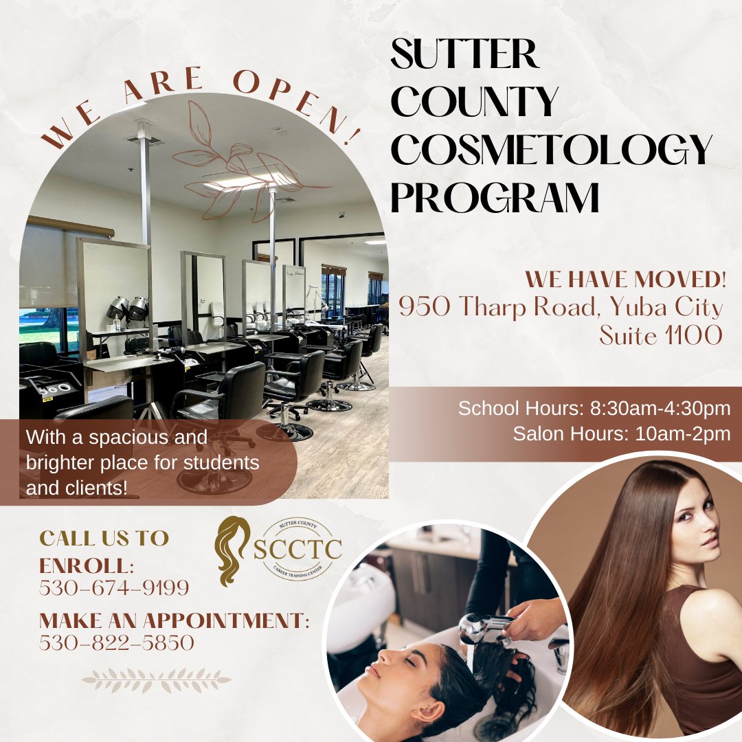 scsos_'s tweet photo. The Sutter County Cosmetology program's salon is REOPENED! 

Find us at our new location at 950 Tharp Road, Yuba City, Suite 1100. 
Book your appointment today or call us to enroll, we can't wait to hear from you!! https://t.co/xz0oE0cYer