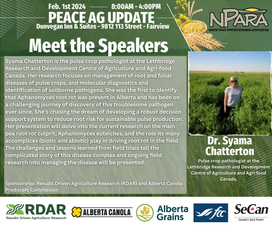 Meet the Speakers for the Peace Ag Update on Feb. 1st.
Introducing Dr. Syama Chatterton, pulse crop pathologist, Dr. Chatterton will be giving a presentation on 'Digging into the Pea Root Rot Complex' at 1:00pm. #peaceregion #abag #albertaagriculture