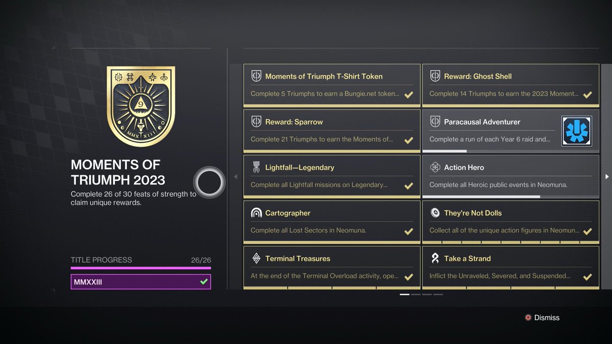 AstroVONical's tweet image. Another one done. My first Moments of Triumph title 😁 didn’t realize I did all this shit lol. I guess I’ll go after the ones that are left #Destiny2 #MomentsofTriumph2023 #MMXXIII