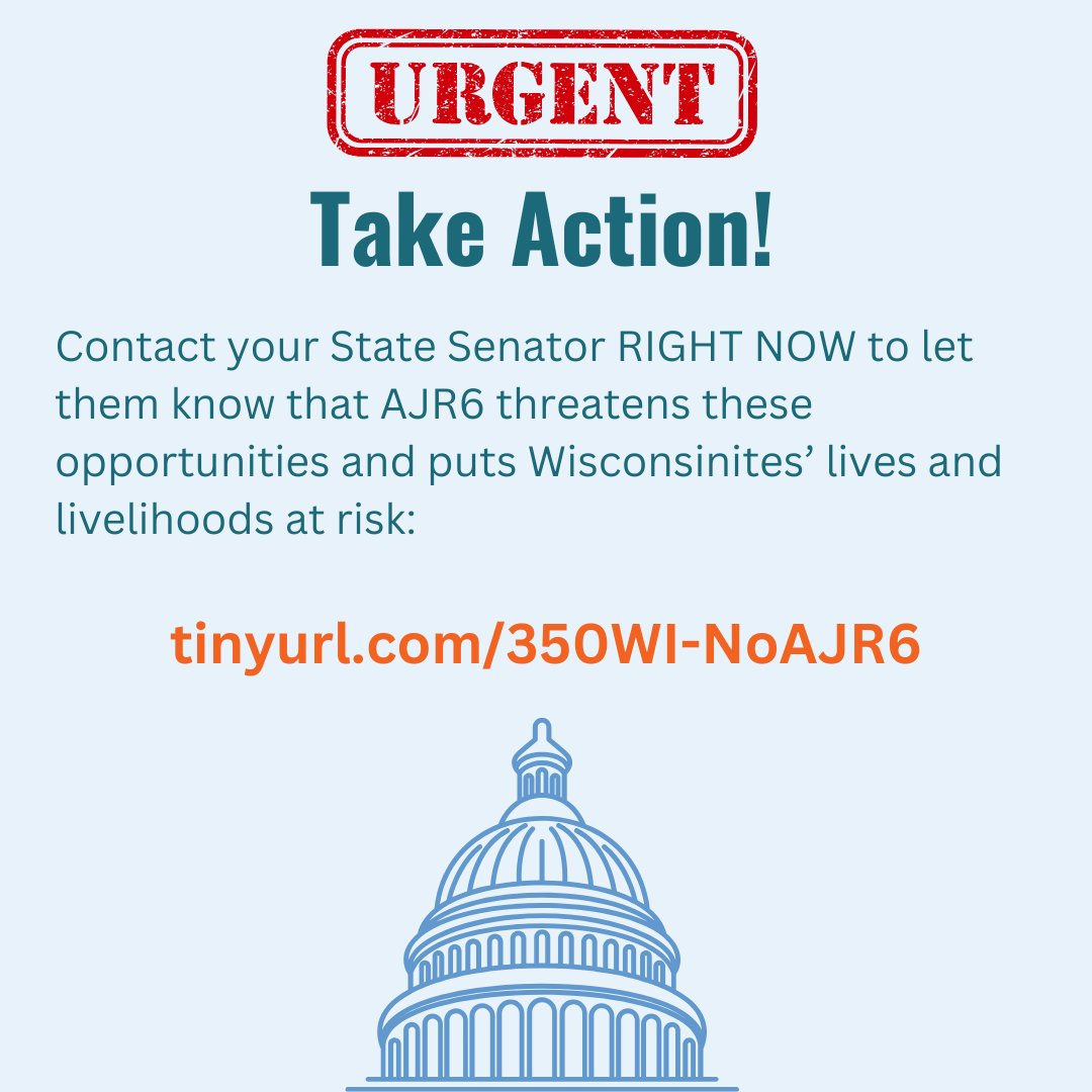 350Wisconsin's tweet photo. 🚨🚨🚨 URGENT ACTION NEEDED! Tell your #WI state senator to OPPOSE #AJR6. This dangerous resolution would imperil our state's ability to benefit from critical climate funding from #IRA and #BIL. Take action at https://t.co/W1ZydfsO11! #climate #ClimateAction https://t.co/uvlSZwIGZa