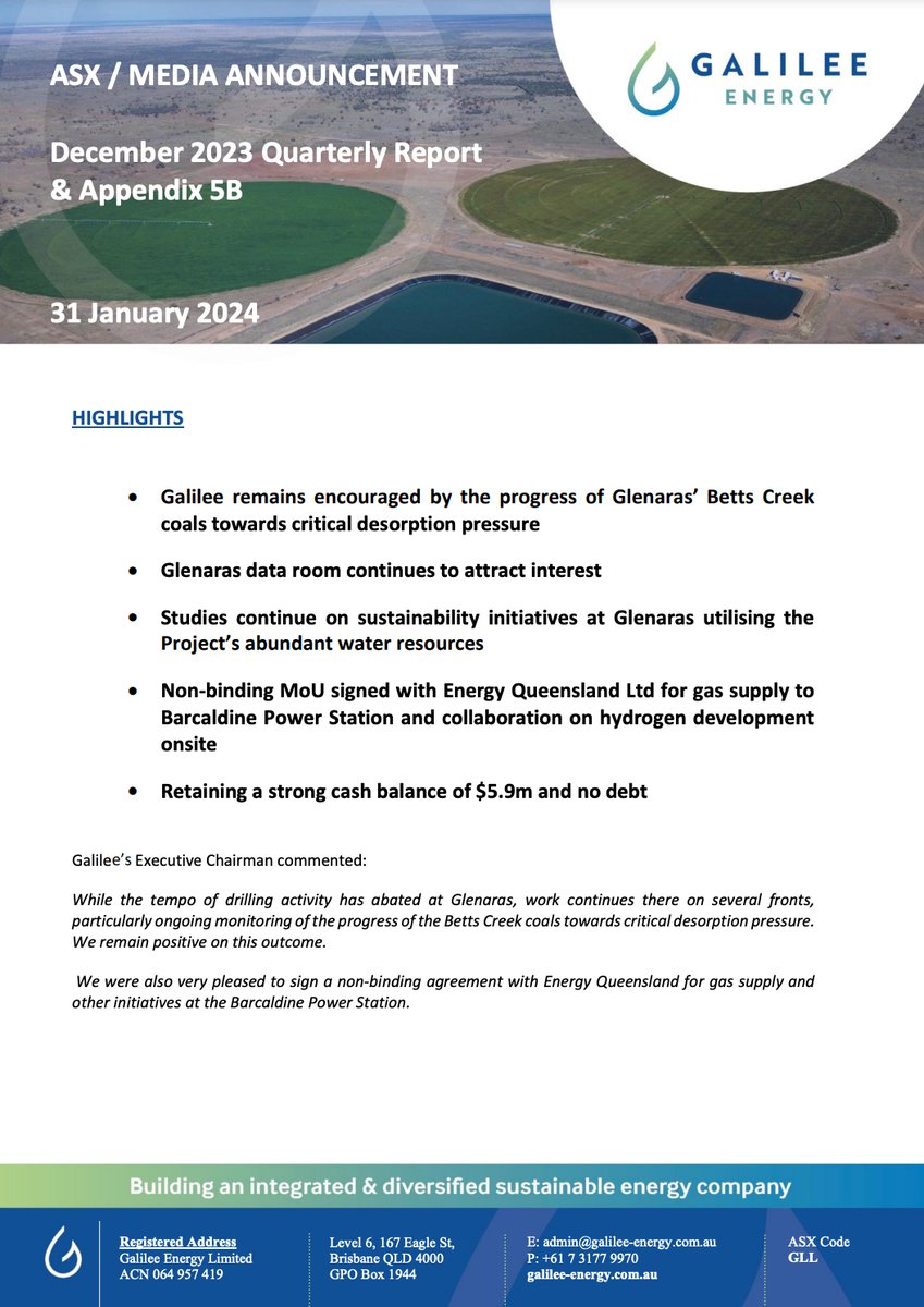 GalileeEnergy's tweet photo. $GLL has released its December quarter report. We remain encouraged by the progress of Glenaras’ Betts Creek coals towards critical desorption pressure and the Glenaras data room continues to attract interest. 
Find out more: https://t.co/BjqO8KQmcK
#ASX #gas #exploration https://t.co/QEncnKvexn