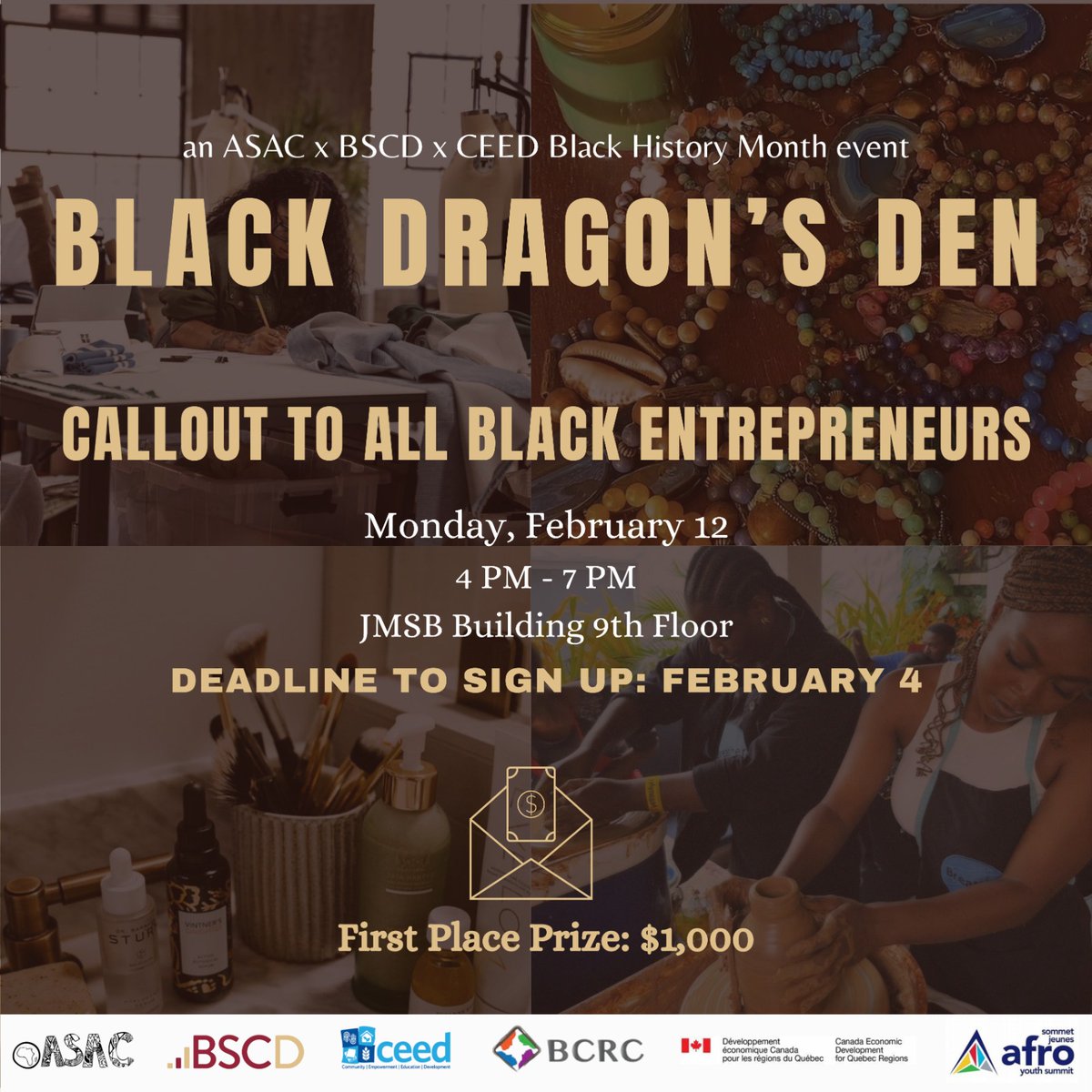 @ceedconcordiaca, @bscdevelopment_ &amp; <a href="/asacconcordia/">ASAC Concordia</a> are collaborating to help support Black entrepreneurs fund their business ideas 💡

We present to you, “BLACK DRAGONS DEN!”🐉🔥

DEADLINE TO SIGN UP: February 4th, 2024, click below to apply! lnkd.in/ePK549Tb