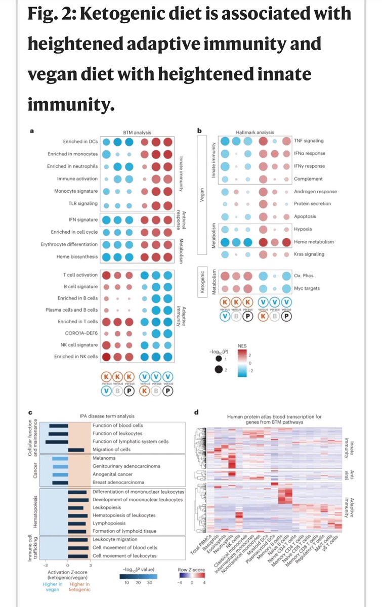 Divergent effect of diet on the immune system Ketogenic diet enriching for adaptive immune signatures (beneficial in cancer) Vegan diet -> for innate immune signatures @Nature nature.com/articles/s4159…
