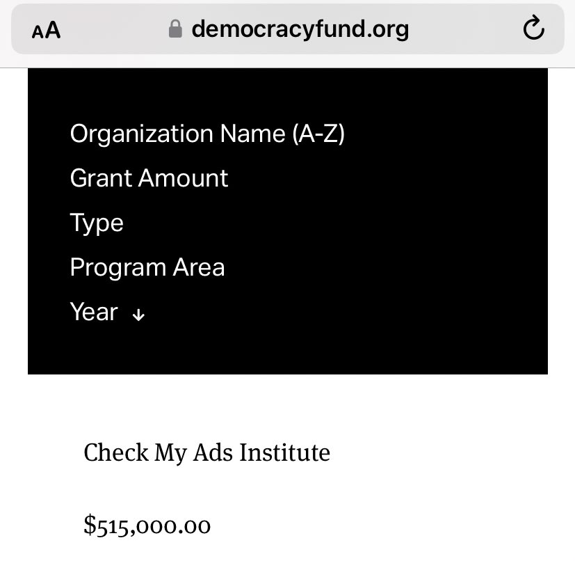 And, here’s the money. Rachel Gilmore’s new employer is funded by an American activist organization called the Democracy Fund. They want to cancel right-wing media organizations and voices and get their funding pulled to “strengthen our democracy.” 🤡 democracyfund.org/for-partners/g…