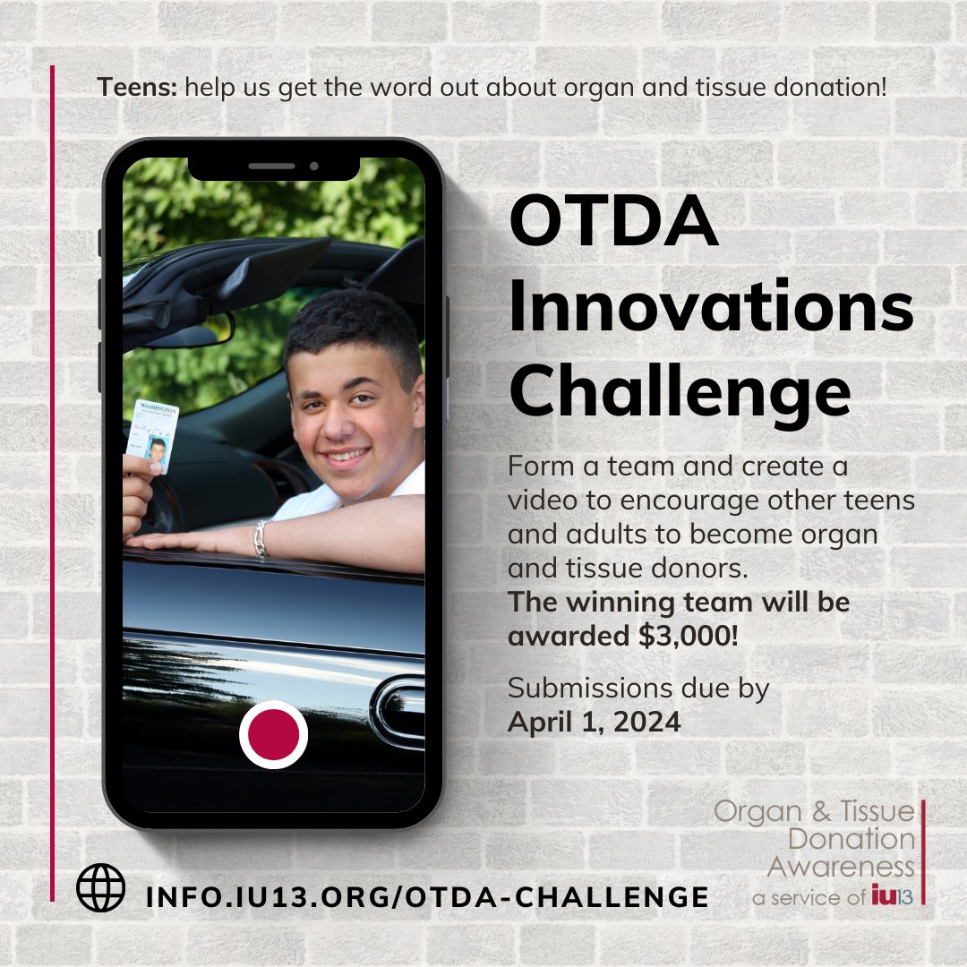 PA Teens in grades 9-12! The Organ & Tissue Donation Awareness program at IU13 announces a new statewide challenge to create a video to encourage others to become organ and tissue donors. $3,000 award for the winning team! Learn more & apply: hubs.li/Q02jdcSN0.