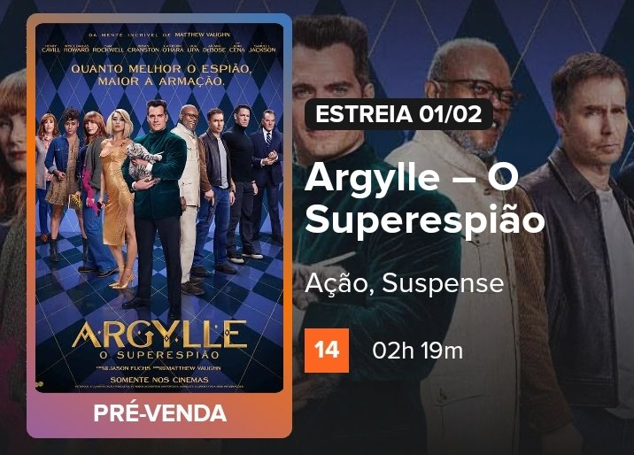 Os ingressos para #Argylle já estão em pré-venda no ingresso.com. O filme estréia aqui no Brasil na Quinta-feira dia 1 de Fevereiro.

O nosso já esta garantido, e o de vocês? 😉