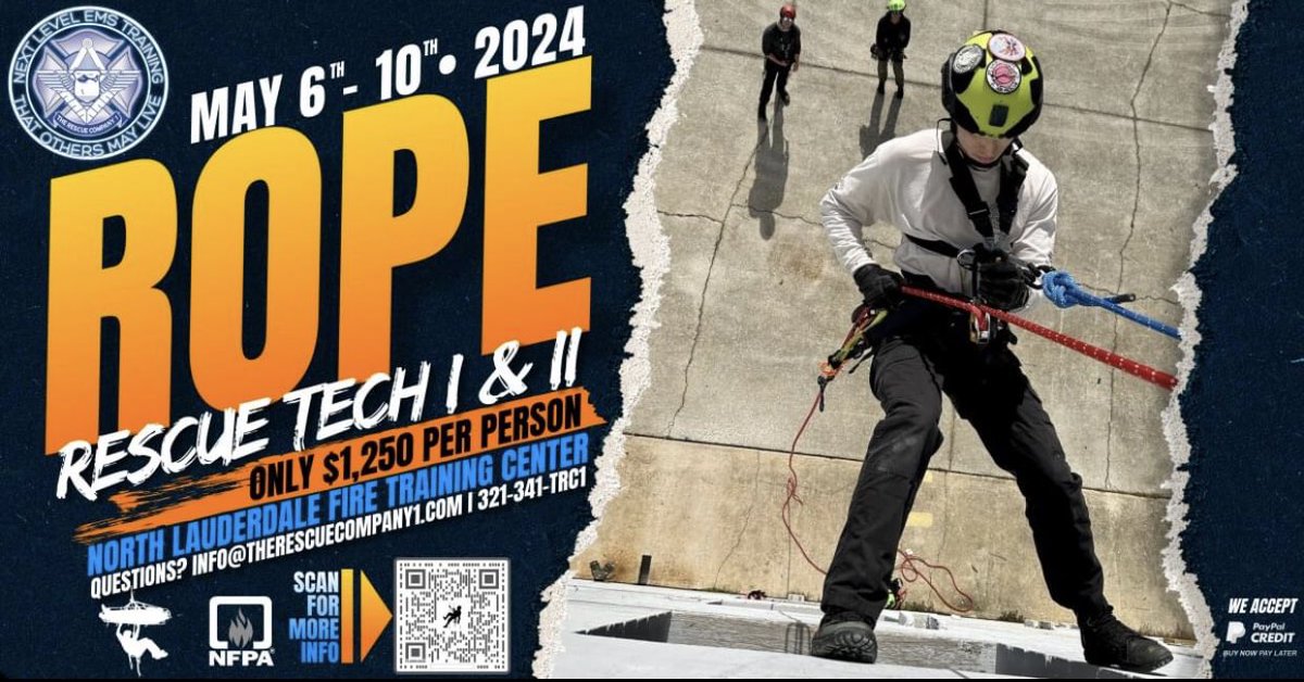 Register TODAY for our next #RopeRescueTechnician course on 5/5-5/10 & includes an online component that will be open prior to the hands-on portion. To register, scan the code or use the link: therescuecompany1.com/product-page/r… #roperescue #northlauderdale #rescuetraining #searchandrescue