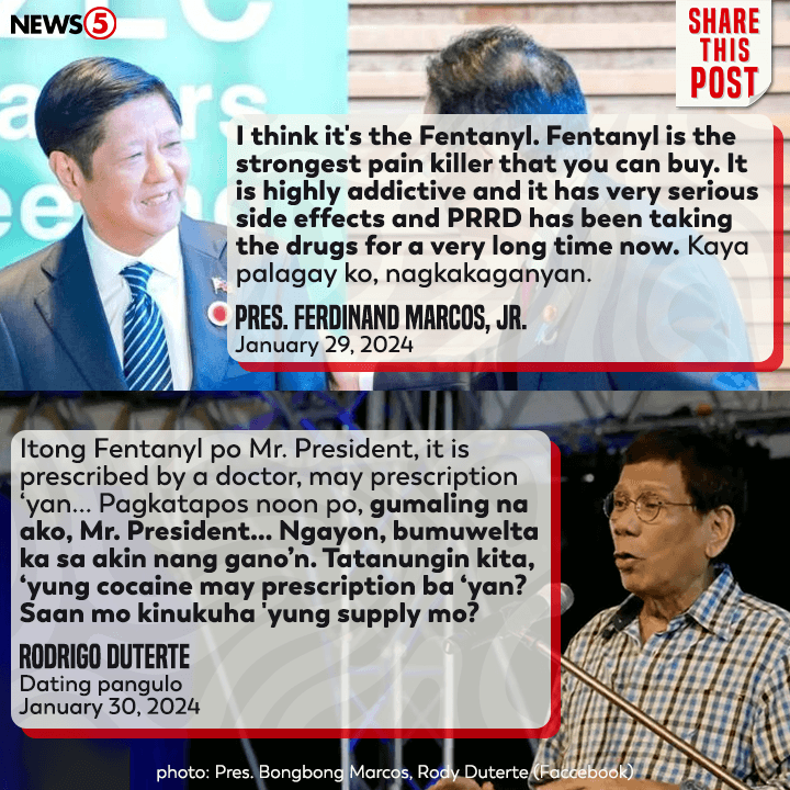 News5PH's tweet photo. 'YUNG COCAINE MAY PRESCRIPTION BA 'YAN?'

'Yan ang birada ni dating pangulong Rodrigo Duterte sa pahayag ni Pres. Bongbong Marcos tungkol sa epekto ng Fentanyl kaya aniya ganoon na lamang ang mga ratsada ni Duterte sa kanya. #News5 https://t.co/JUvKeUOqKC