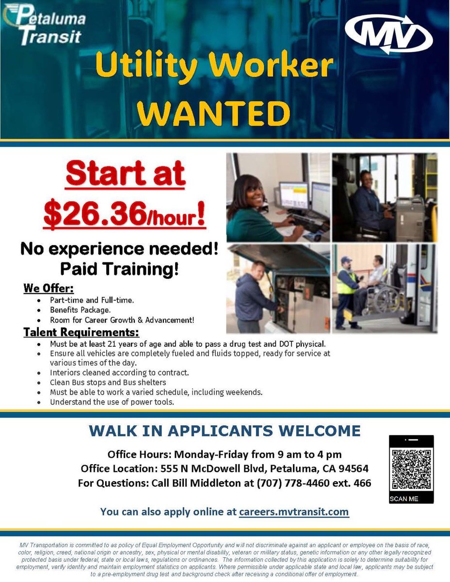 PetalumaTransit's tweet photo. Join Petaluma Transit and MV Transportation Northern California apply for our most recent opening, Utility Worker.  Help us serve the transportation needs of City of Petaluma -. https://t.co/GU1WQMo6IN