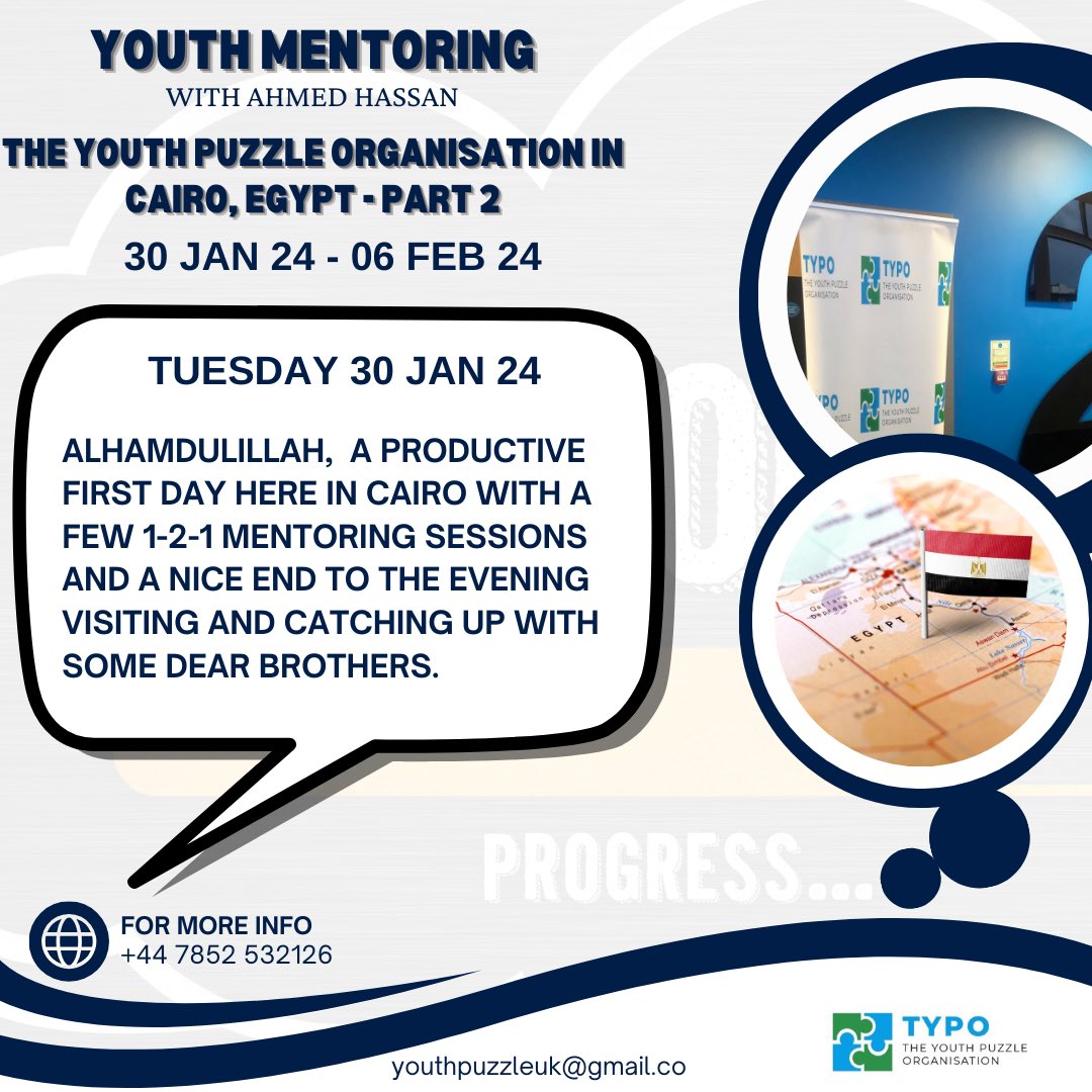 Alhamdulillah, fruitful first day back in Cairo and may Allah grant us success with the rest of the days.

#typo #youth #community #puzzle #mentoring #solutions #opportunity #change #education #emplyoment #development #empowerment #success #future #youthservice #positivemindset