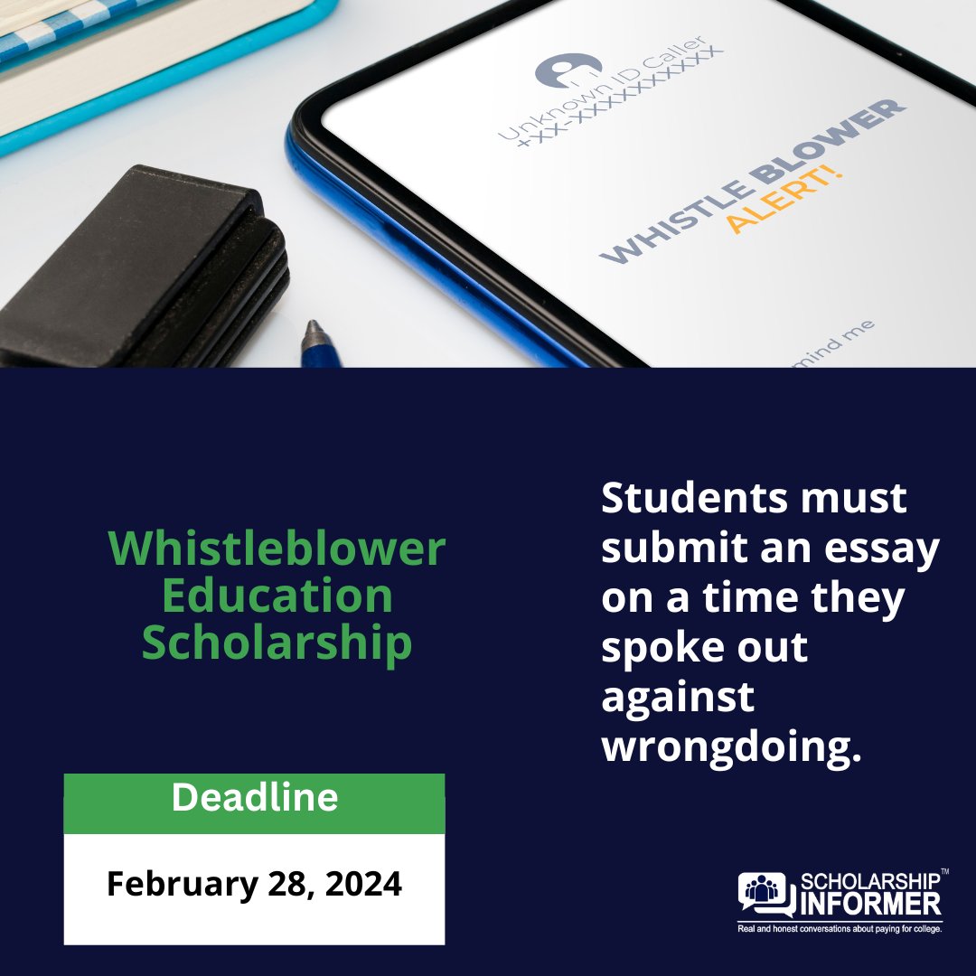 ScholarshipHQ's tweet image. #Scholarship: Students must submit an essay on a time they spoke out against #wrongdoing.

Due by 2/28/24: siapply.today/KjMz

#OwnYourDegree #scholarships #financialaid #seniors #collegestudents #gradstudents #whistleblower #truth