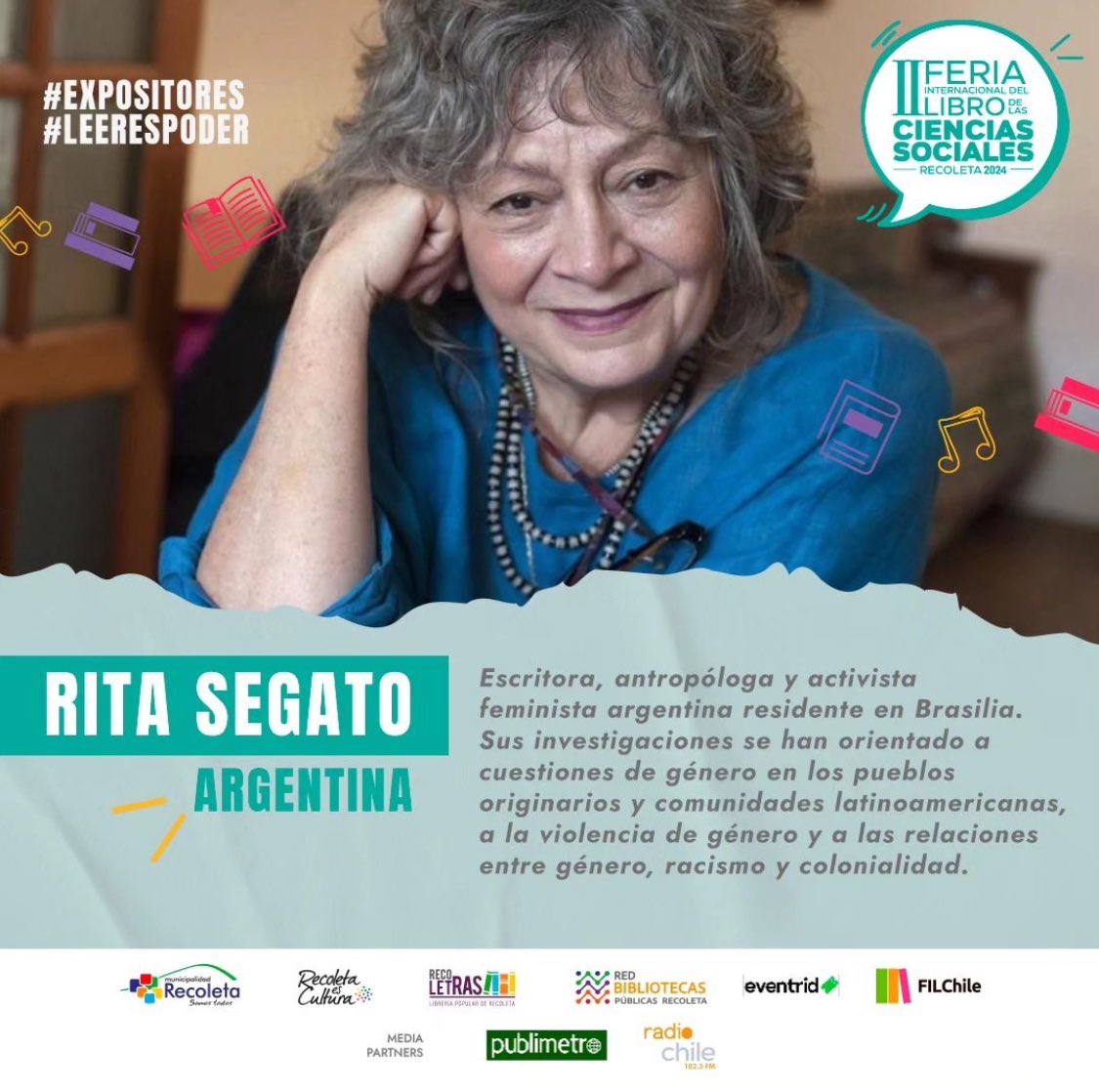 Recoletras's tweet photo. 1ra expositora confirmada 😱

La destacada escritora y activista feminista Rita Segato es la primera expositora confirmada para la nueva edición de FILCS '24 📚 

🗓️ 04 a 14 abril 2024
📍 Zócalo Municipalidad Recoleta
✅ Entrada liberada vía https://t.co/wIJ0LboIjl (DESDE MARZO) https://t.co/UgPye1kAvm