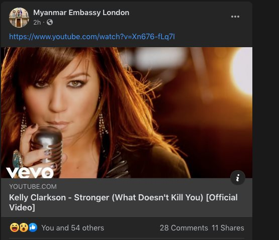 randallbreanna's tweet photo. Tomorrow marks 3 years of #whatshappeninginMyanmar 

There's so much to reflect on, but for the moment,  I'm taking a minute to linger with the memory of the Myanmar Embassy in London posting this Kelly Clarkson song from its official account--not  once, but twice! https://t.co/yZnFe7LYCZ