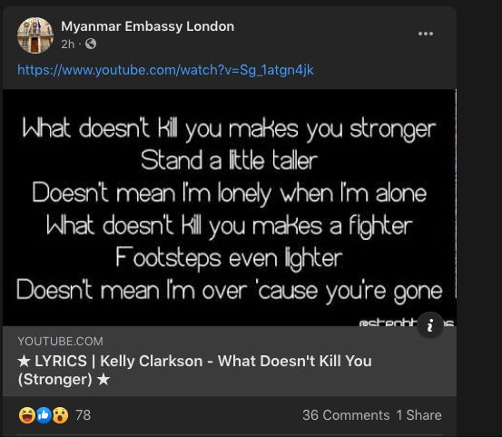 randallbreanna's tweet photo. Tomorrow marks 3 years of #whatshappeninginMyanmar 

There's so much to reflect on, but for the moment,  I'm taking a minute to linger with the memory of the Myanmar Embassy in London posting this Kelly Clarkson song from its official account--not  once, but twice! https://t.co/yZnFe7LYCZ