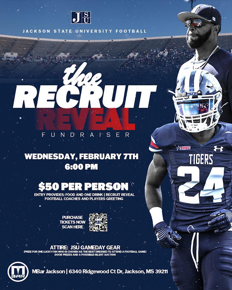 THEE Football Recruit Reveal is here! Join us on February 7 at MBar as we reveal the 2024 football recruits! Meet and greet head coach T.C. Taylor and the @gojsutigersfb team, and get your schedule posters 🏈 Visit shorturl.at/KX012 or scan the QR code to purchase tickets!