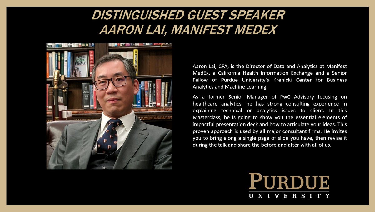 Purdue Krenicki Center for BA and ML (@purduekrenicki) on Twitter photo We are excited to have Distinguished Guest Speaker, Aaron Lai (<a href="/AaronOxon/">Aaron Lai CFA</a>) connect with our #MSBAIM students this week to share how to make impactful presentations! We are excited to have Distinguished Guest Speaker, Aaron Lai (<a href="/AaronOxon/">Aaron Lai CFA</a>) connect with our #MSBAIM students this week to share how to make impactful presentations!