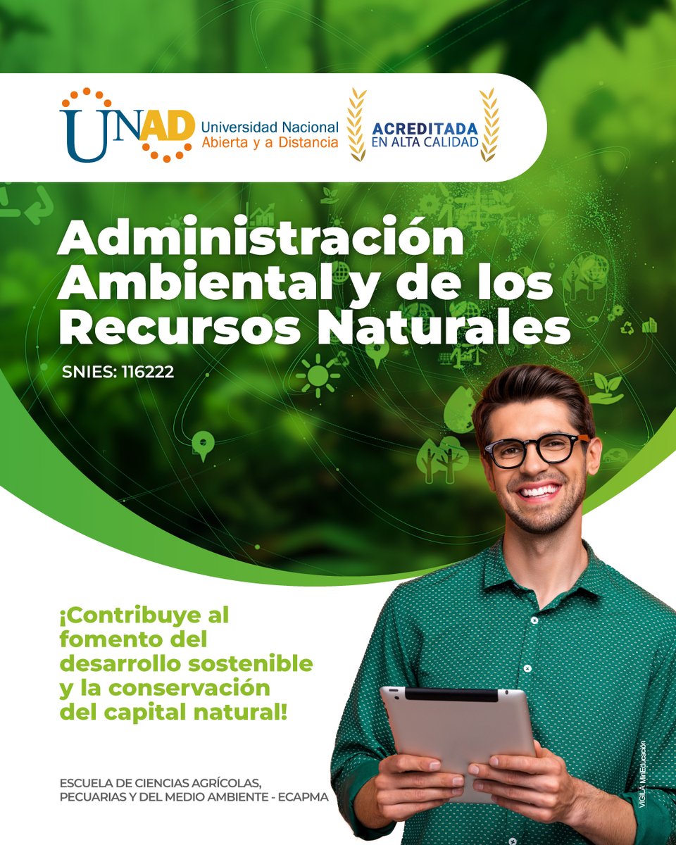 Nuestro nuevo programa profesional de Administración Ambiental y de los Recursos Naturales 🏞️🍀🌎
Primer y único programa virtual en Colombia 💻
Iniciamos matrículas 📚

estudios.unad.edu.co/administracion…