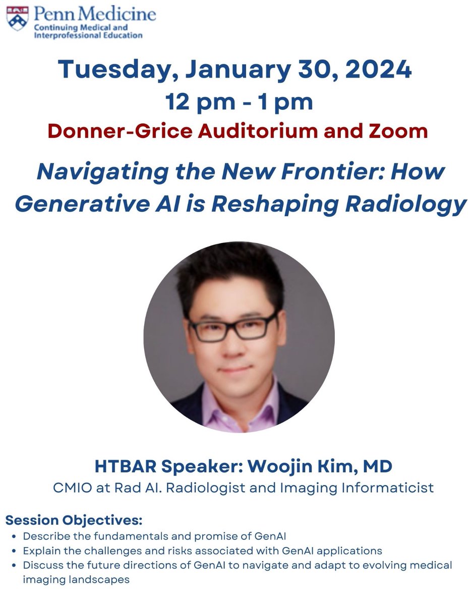 Excellent <a href="/PennRadiology/">Penn Radiology</a> grand rounds w/ <a href="/woojinrad/">Woojin Kim</a> of <a href="/radai/">Rad AI</a> 

Some takeaways:
1. Stable diffusion is rapidly growing 🔥
2. Larger models, more context 🧐
3. Personal offline Llamas could permit HIPAA compliant LLM searches 🕵️‍♂️
4. There’s no moat protecting GPT wrapper apps 🏰