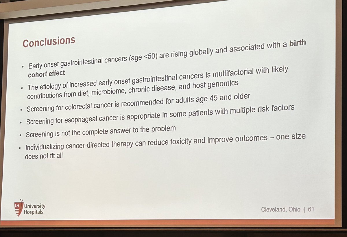 Powerful Medicine Grand Rounds by @LumishMelissa at @UHhospitals @caseccc about the alarming global increase in early onset GI cancers and the potential role of diet and microbiome. Exciting new therapies and detection strategies on the way. @CaseUHmed