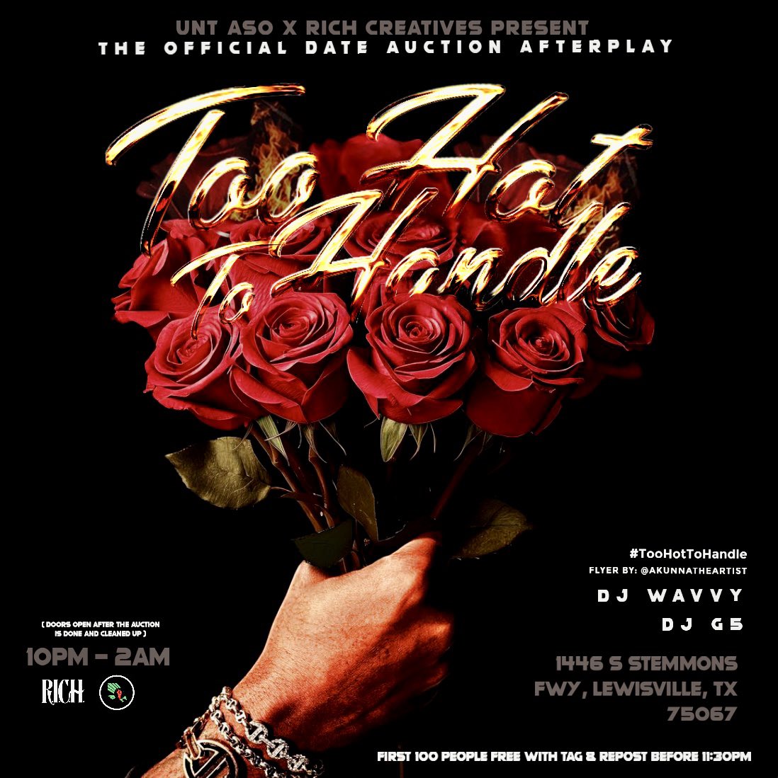 Presenting: The OFFICIAL flyers for UNT ASO 2024 Date Auction

🗓️: February 3rd, 2024

⏱️: 6:00pm-9:00pm & 10:00pm-2:00am

📍: 1446 S STEMMONS FWY, LEWISVILLE, TX
75067

Will the perfect match be too hot to handle? 🫣

#untasodateauction #theperfectmatch #toohottohandle