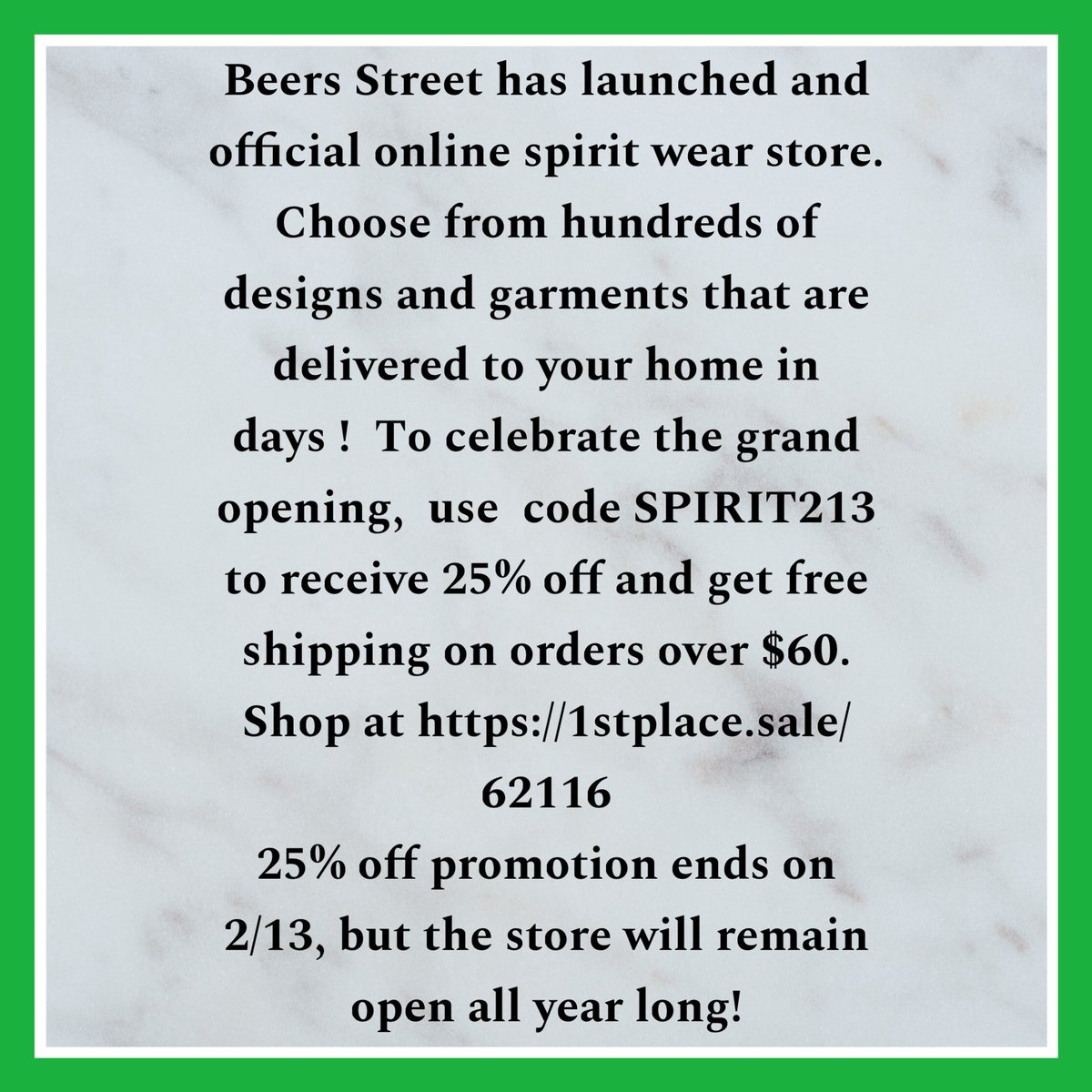 Linnell@Hazlet (@jlinnellhazlet) on Twitter photo ✨Beers Street School has launched an official online spirit wear store. Use code SPIRIT213 to receive 25% off ! ✨
Promotion ends 2/13 , but the store will remain open all year !
1stplace.sale/62116
<a href="/BeersStreet/">Beers Street School</a> ✨Beers Street School has launched an official online spirit wear store. Use code SPIRIT213 to receive 25% off ! ✨
Promotion ends 2/13 , but the store will remain open all year !
1stplace.sale/62116
<a href="/BeersStreet/">Beers Street School</a>