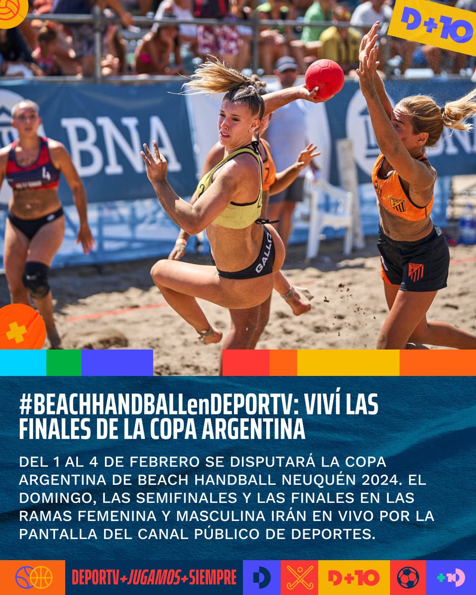 ¡Este domingo hay #BEACHHANDBALLenDEPORTV!

🤾 Del 1 al 4 de febrero se disputará la Copa Argentina de Beach Handball en Neuquén. 

🗓️ El domingo vas a poder seguir en vivo las semifinales y las finales femenina y masculina. 

➕ Toda la info: deportv.gob.ar/publicacionNot…