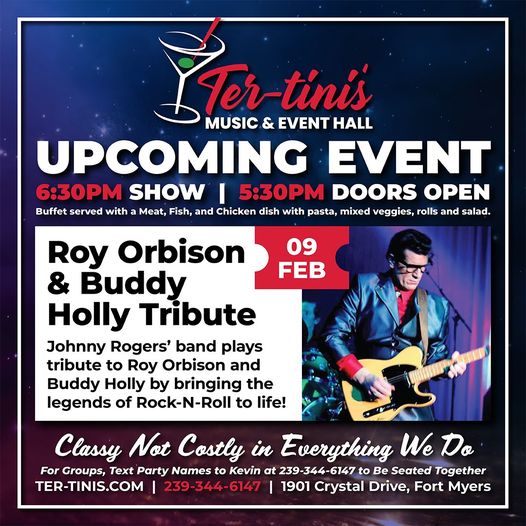 Join us on 2/9 from 5:30 pm to 7:30 pm at Ter-Tini's for an electrifying evening with Johnny Rogers as he pays tribute to the legends of Rock-N-Roll, Buddy Holly and Roy Orbison. Get your tickets here: ter-tinisevents.yapsody.com/event/index/79…
